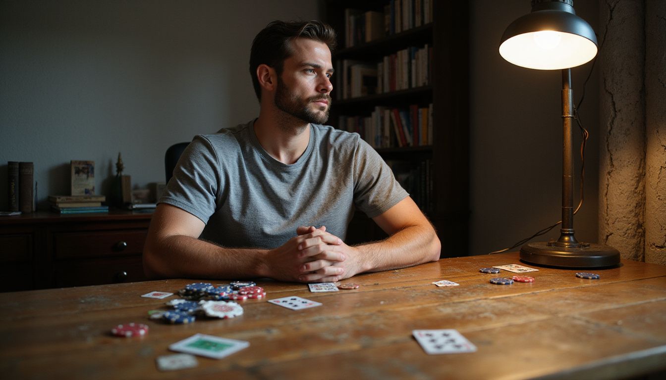 A man sits at a desk, surrounded by poker chips and cards. A man sits at a desk, surrounded by poker chips and cards.