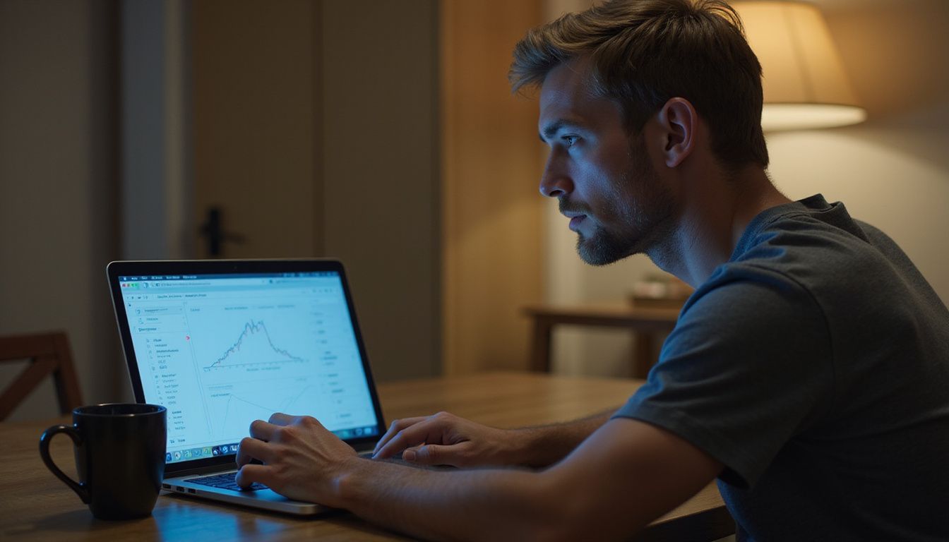 A man in his late 20s, wearing a gray T-shirt, is working on a laptop at a wooden desk. A man in his late 20s, wearing a gray T-shirt, is working on a laptop at a wooden desk.