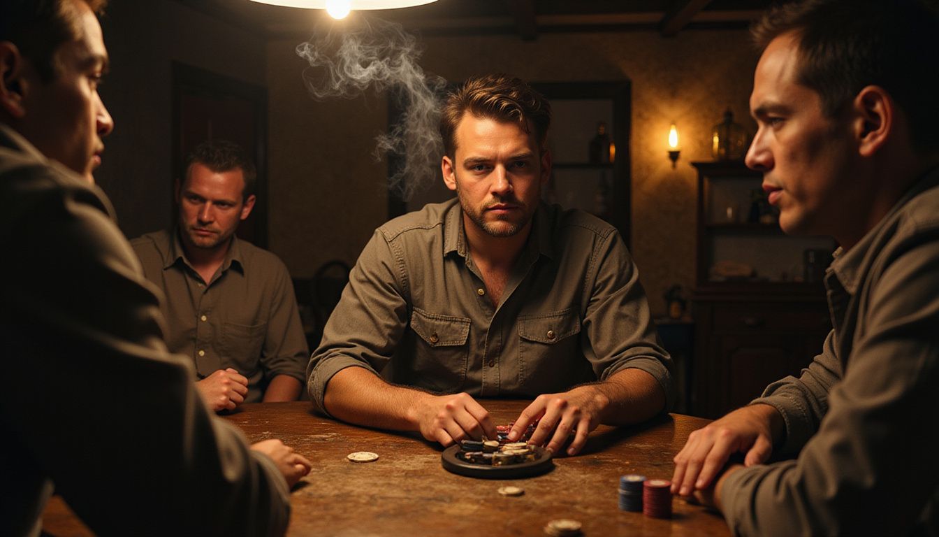 A man sits at a poker table in a dimly lit basement, focused and intense. A man sits at a poker table in a dimly lit basement, focused and intense.