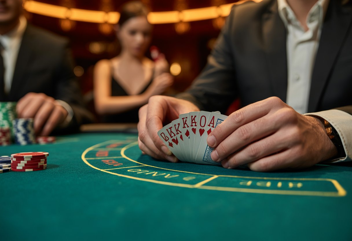 Close-up of a poker player's hands holding cards and stacked chips on a poker table with other players in the background.