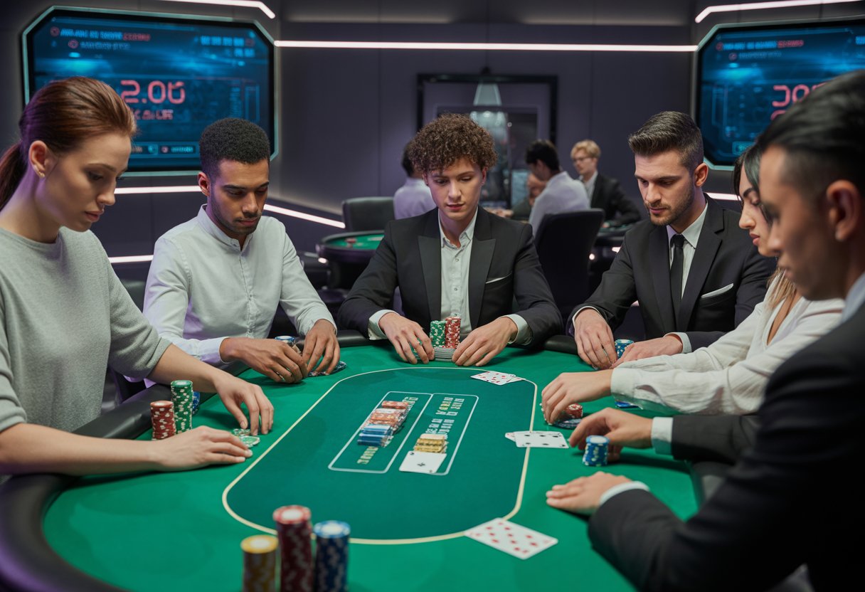 A group of people playing poker around a table with cards and chips in a modern casino setting.