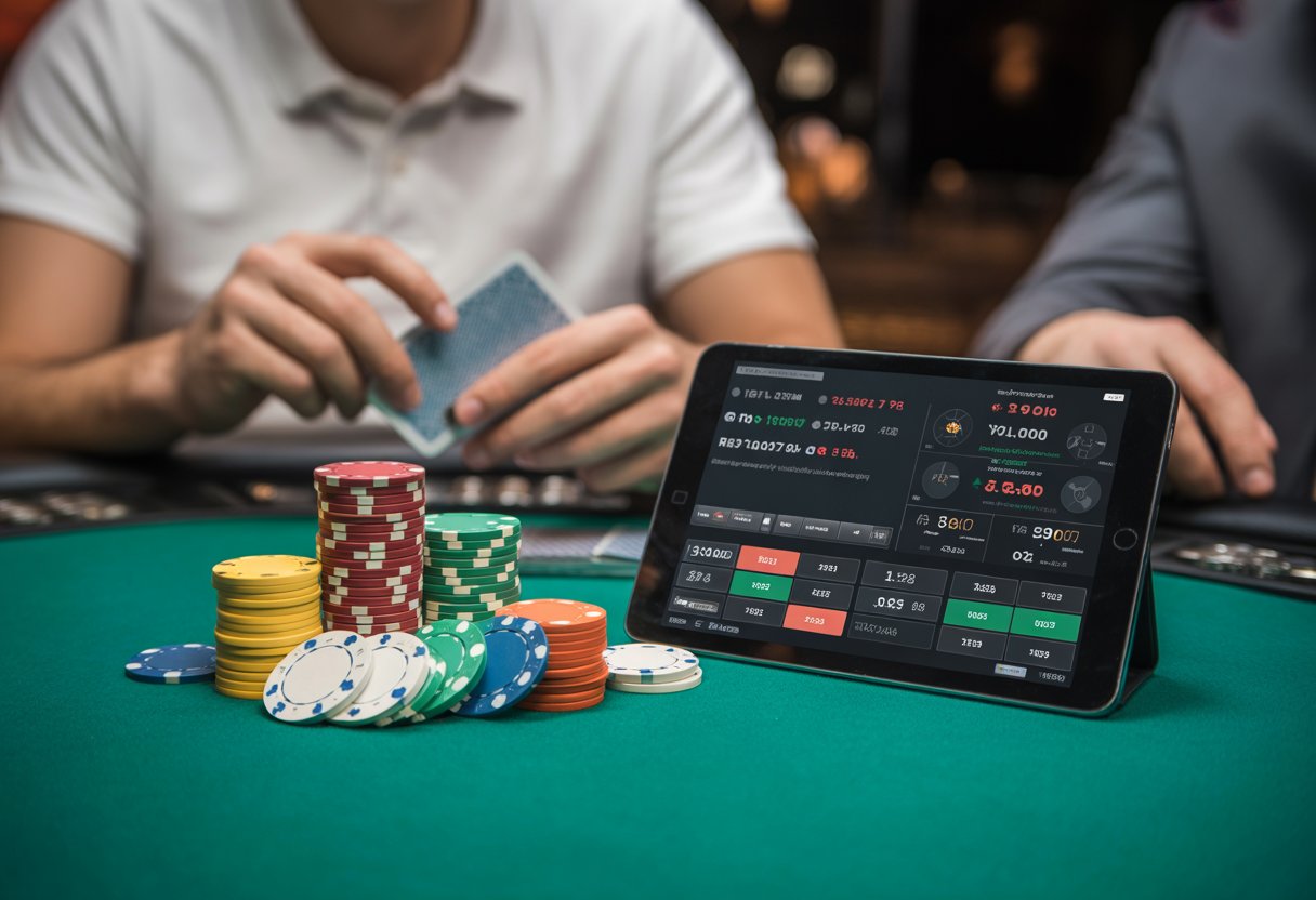 Close-up of a poker table with chips, playing cards, and a tablet showing poker odds, with players' hands nearby.