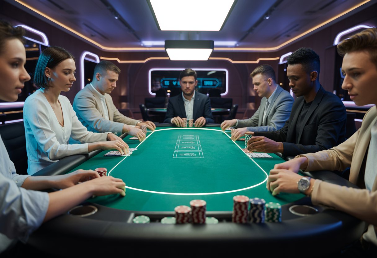 A group of people playing poker around a futuristic table with digital displays in an upscale casino.