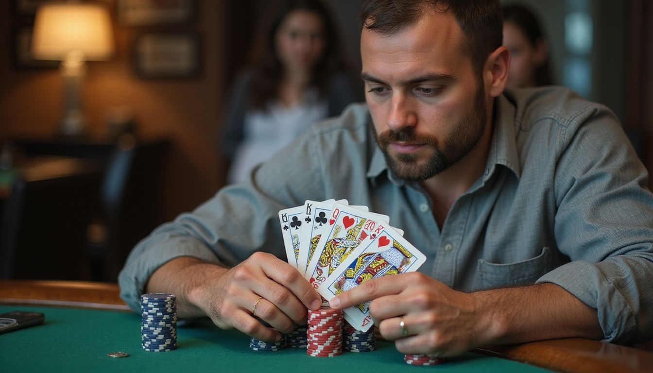 A poker player studying a push-fold chart at the casino table. A poker player studying a push-fold chart at the casino table.