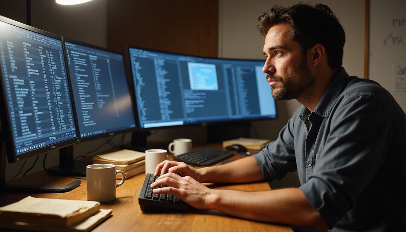 A focused poker player studies complex data on multiple computer monitors. A focused poker player studies complex data on multiple computer monitors.