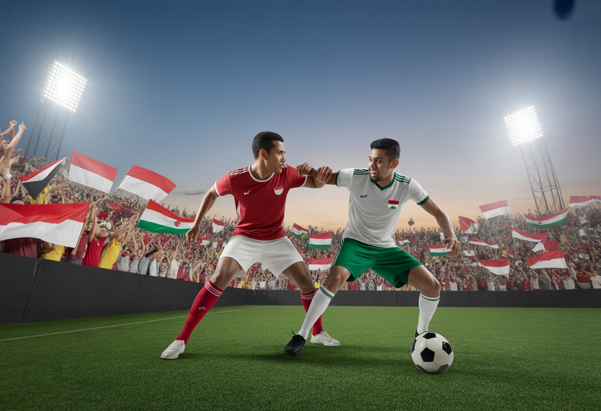 Dua pemain sepak bola dari tim Indonesia dan tim Arab sedang beraksi di lapangan hijau dengan penonton di tribun stadion.