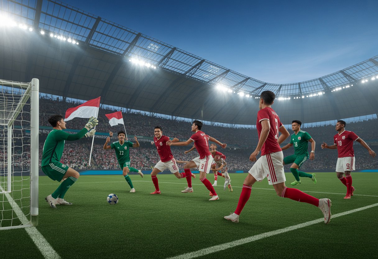 Pertandingan sepak bola antara tim Indonesia dan Arab Saudi di stadion dengan pemain yang sedang beraksi dan penonton yang bersorak.
