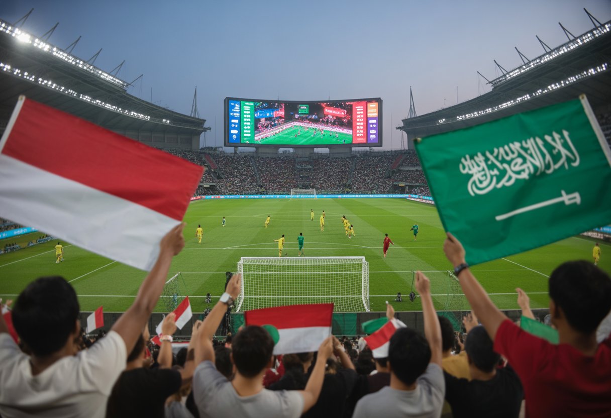 Suasana pertandingan sepak bola langsung antara tim Indonesia dan Arab Saudi di stadion yang penuh penonton dengan bendera kedua negara dan pemain yang sedang berlaga di lapangan.
